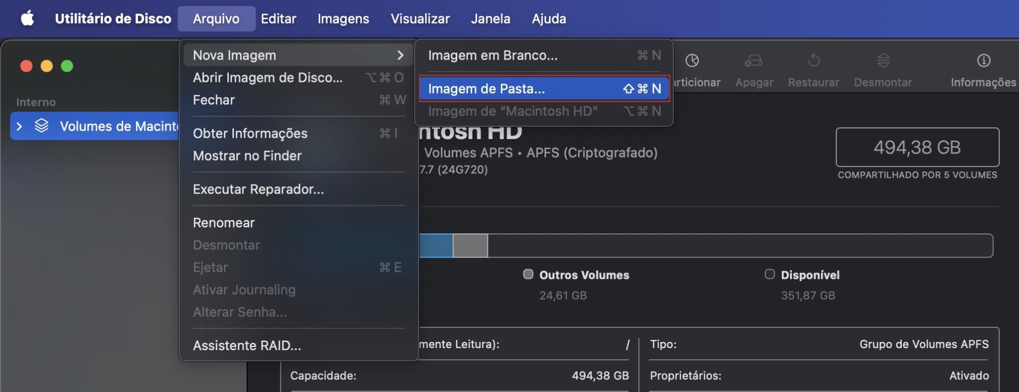 Em seguida, no app Utilitário de Disco, crie uma nova imagem a partir da pasta acessando Arquivo > Nova Imagem > Imagem de Pasta.  