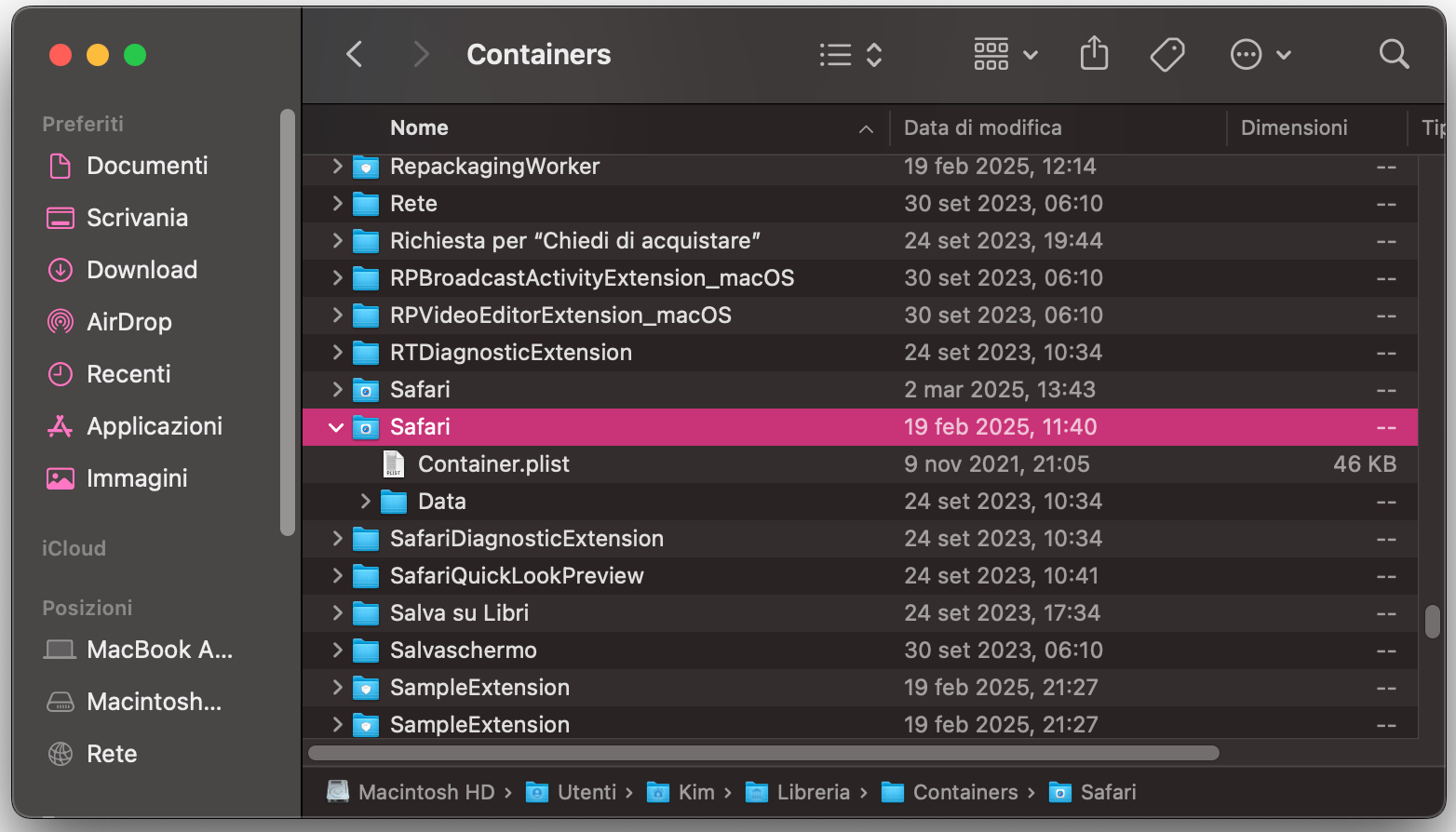 Per completare il ripristino di Safari, vai nella cartella Containers all’interno della Libreria e cerca tutto ciò che è collegato a Safari. Eliminalo.