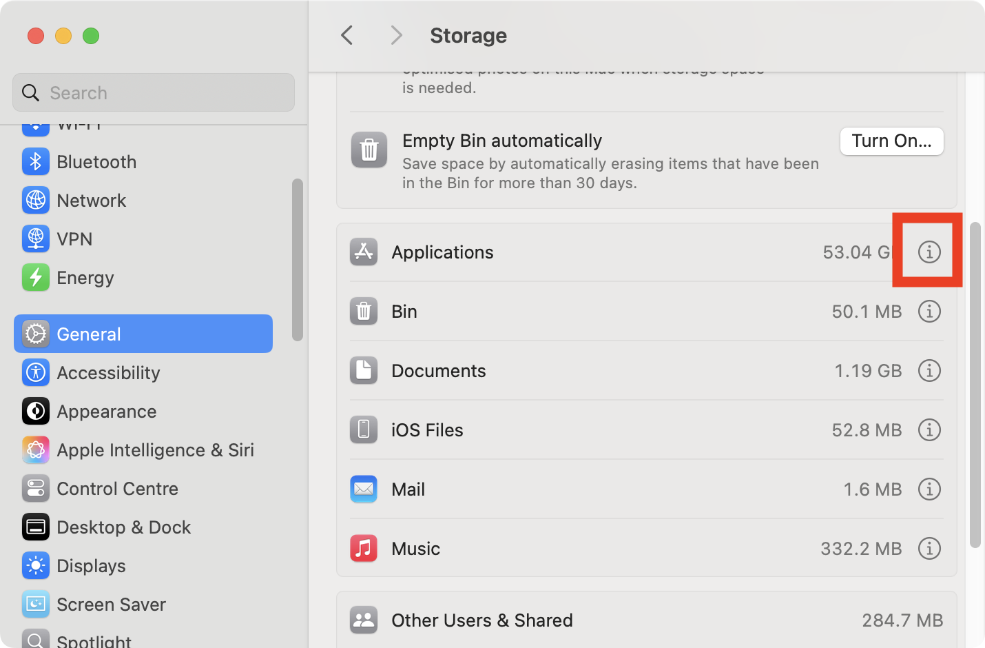 Select General > Storage, then click the 'i' button next to one of the items in the list. This will bring up more information, as well as tools to manage your storage.