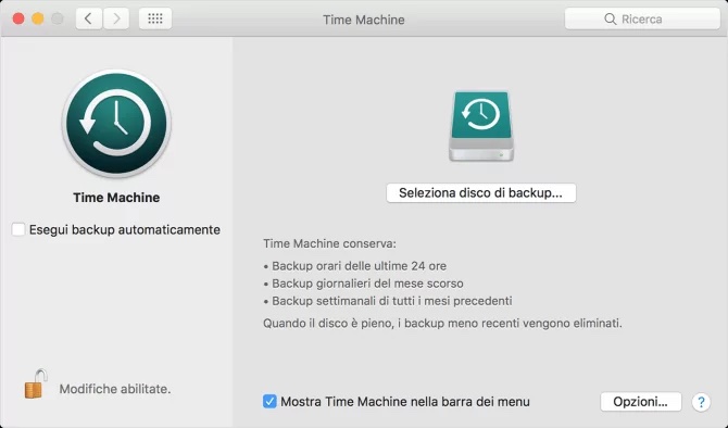 Il menu di Time Machine nelle Impostazioni di sistema su Mac. Puoi eliminare i vecchi snapshot di Time Machine per liberare spazio quando il disco di avvio del Mac è pieno.