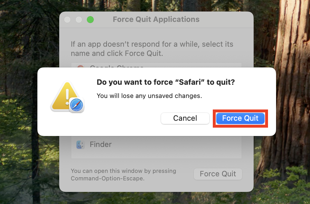 The Force Quit confirmation prompt on Mac. If you're trying to figure out how to force quit Safari on Mac when it's frozen, use the Force Quit feature built into macOS.