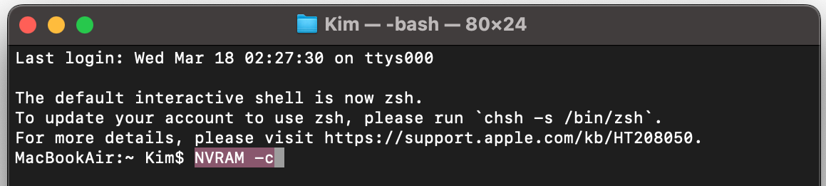 Apri l’app Terminale sul Mac e digita NVRAM -c. Il dispositivo potrebbe quindi reimpostare la NVRAM, anche se non è garantito. Vale comunque la pena provare se stai riscontrando problemi con il Mac.