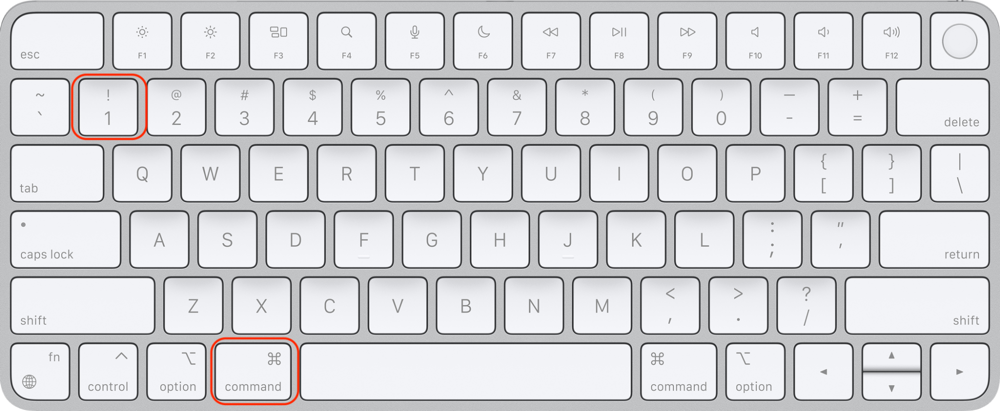 A Mac keyboard with Command and 1 highlighted above the Spotlight Applications view that lists every app on a macOS Tahoe computer.