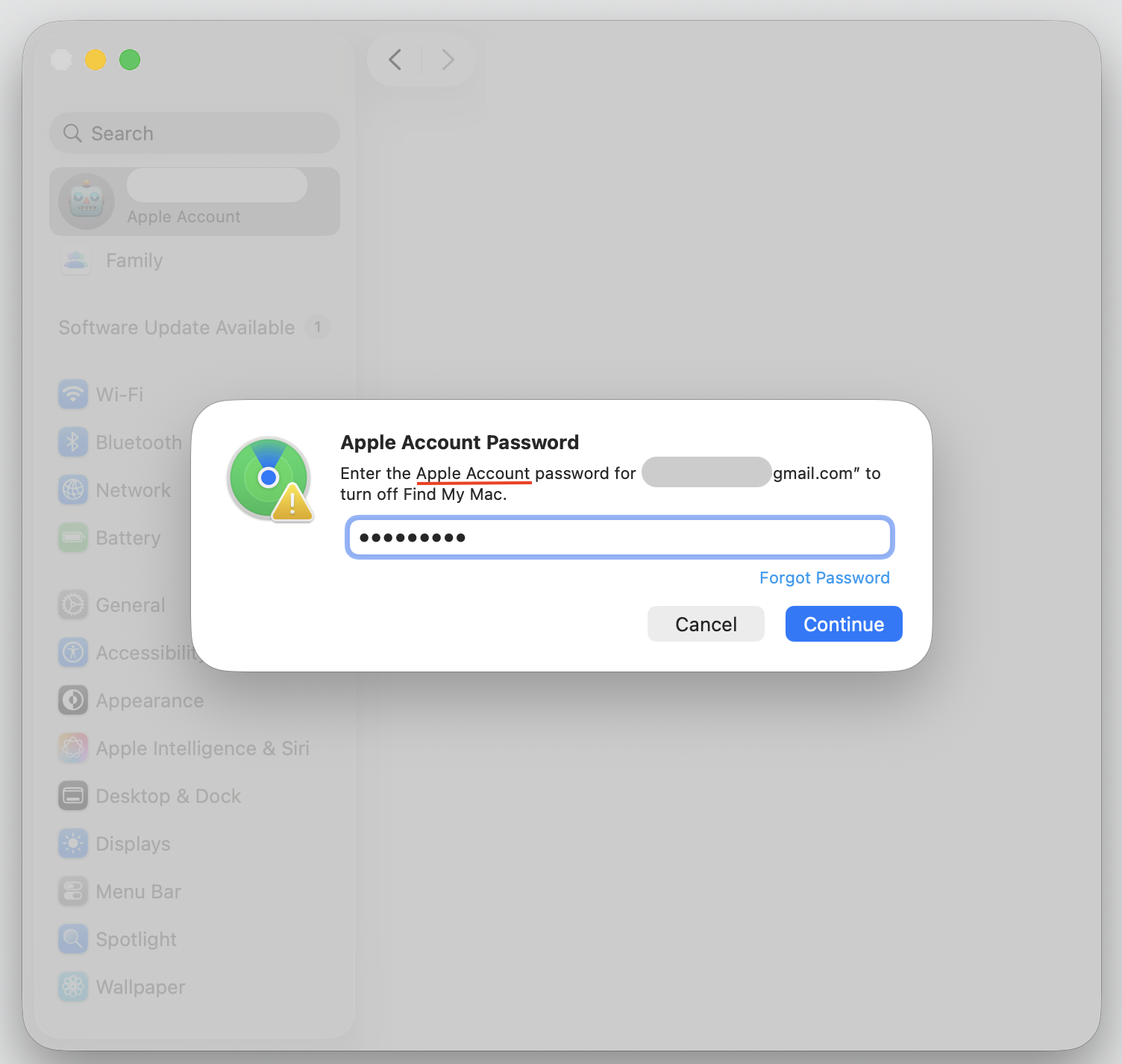 macOS sign-out dialog on a MacBook, prompting for the Apple Account password because Find My Mac is enabled on the Apple device.