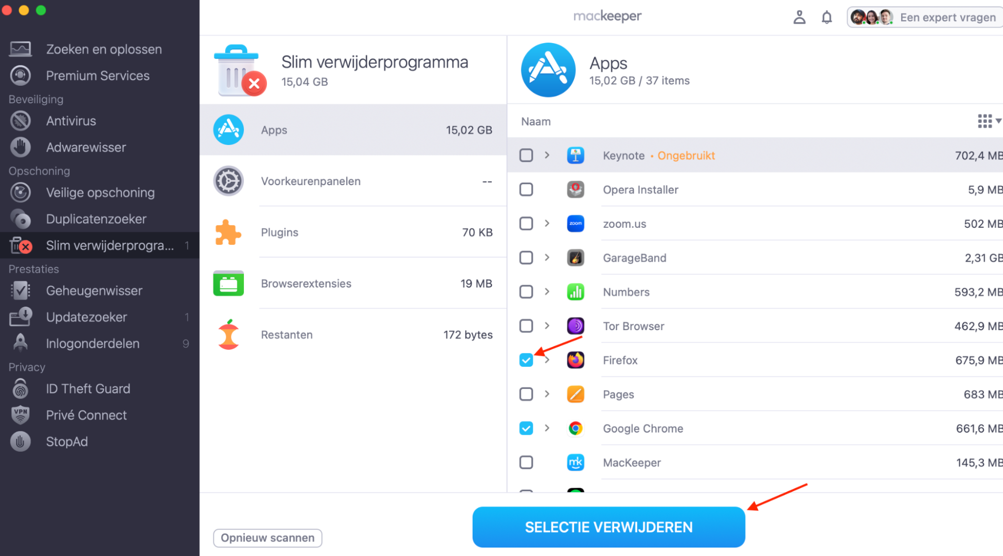 MacKeeper op Mac toont de tool Slim verwijderprogramma. Nadat je de apps hebt geselecteerd die je wilt verwijderen, klik je op de knop Selectieverwijderen.