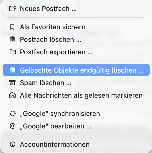 Teil eines Menüs aus der Apple E-Mail-App. Gelöschte Objekte entfernen ist ausgewählt.