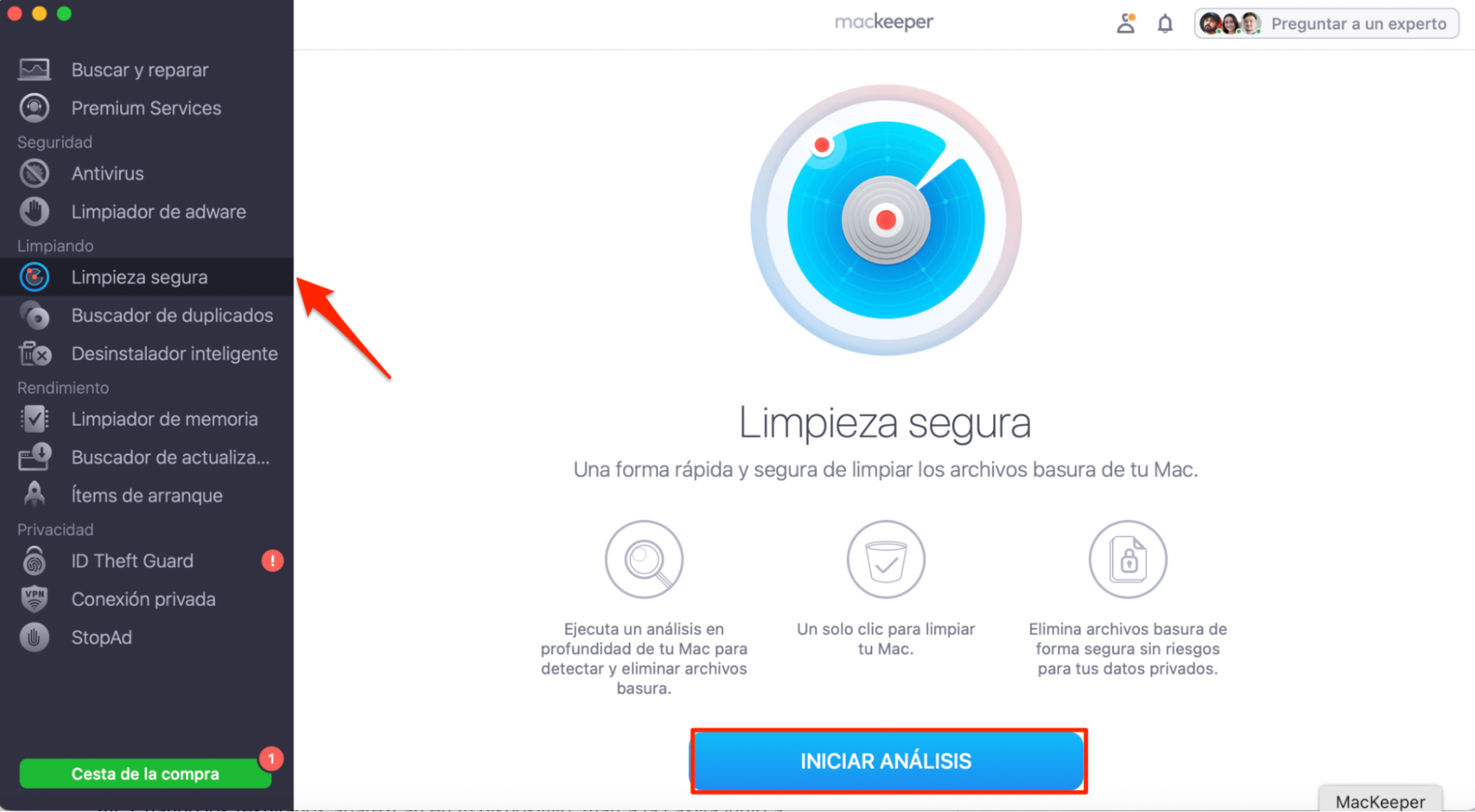 Borrar cachés en macOS Monterey abriendo MacKeeper y yendo a Limpieza segura. Luego puedes buscar las cachés que quieres eliminar de tu dispositivo.