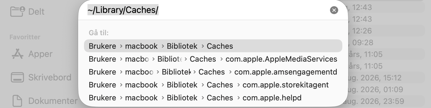 Åpne mappen Caches ved å skrive inn banen ~/Library/Caches i det tilhørende popup-vinduet.