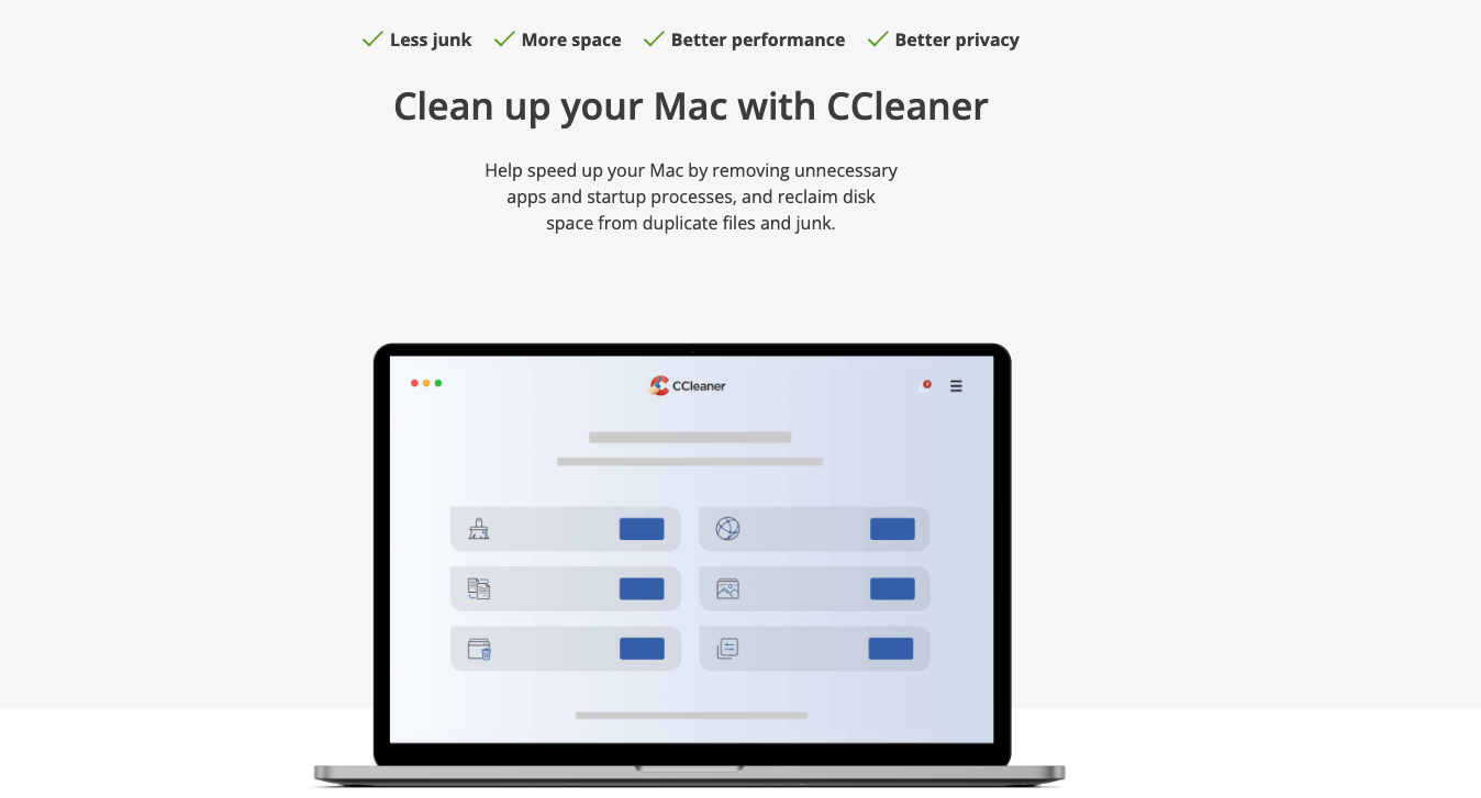 CCleaner for Mac overview page on an Apple laptop showing the Clean up your Mac with CCleaner banner above the app’s cleanup dashboard.
