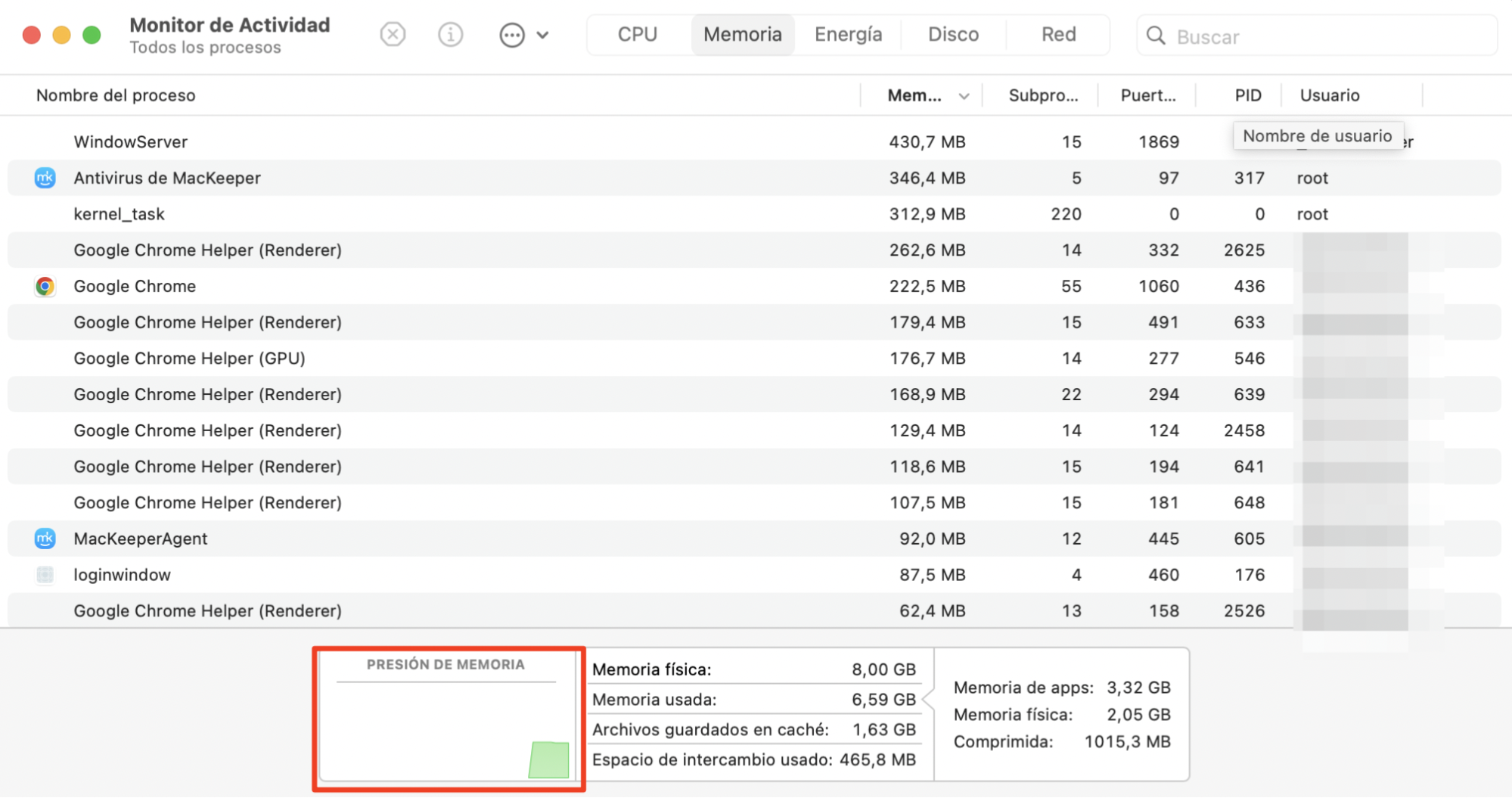 Comprueba la pestaña Presión de la memoria. Si está en verde, tienes suficiente RAM.