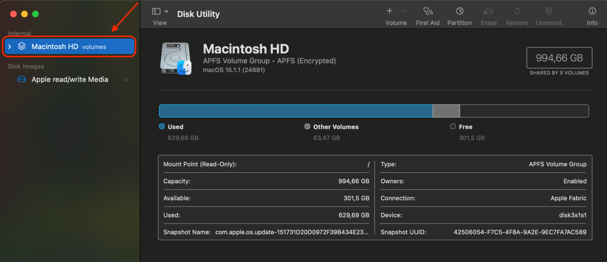 Select Macintosh HD from the Disk Utility sidebar to view storage details, manage partitions, or run First Aid for disk maintenance.