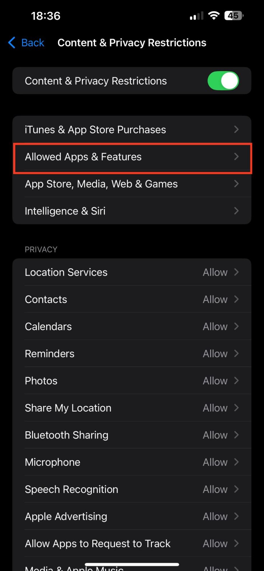 You should now be on the Content & Privacy Restrictions page. Tap Allowed Apps & Features so you can check if AirDrop is enabled.