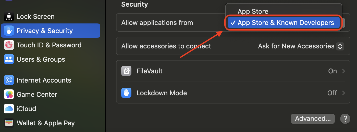 In the Privacy & Security section, adjust app permissions by selecting the option allowing apps from the App Store and identified developers only.