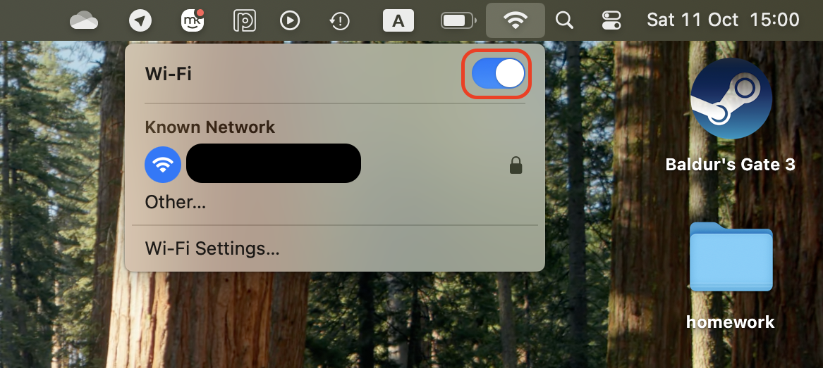 Click the Wi-Fi icon in the top menu bar, turn it off, wait a few seconds, then turn it on again to refresh your network connection.