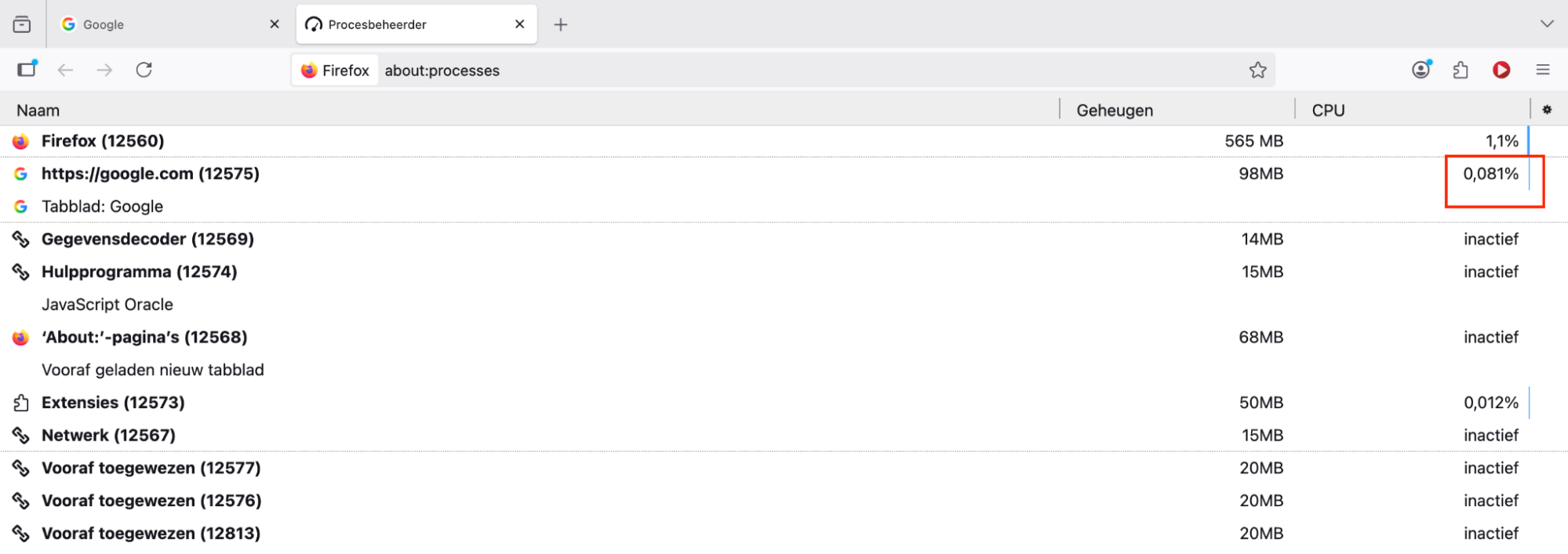 Bekijk de lijst met actieve processen in Firefox. Sorteer ze op geheugen- of CPU-gebruik en sluit de processen die je Mac vertragen.