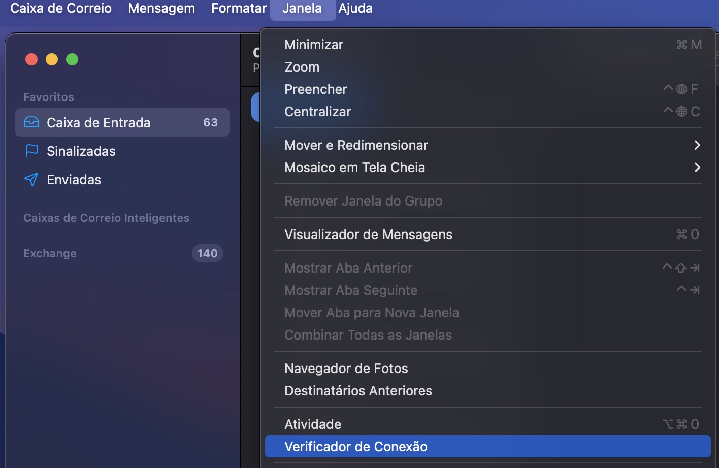 Na barra de menu dentro do app Mail, vá em Janela e selecione Verificador de Conexão para verificar suas conexões.