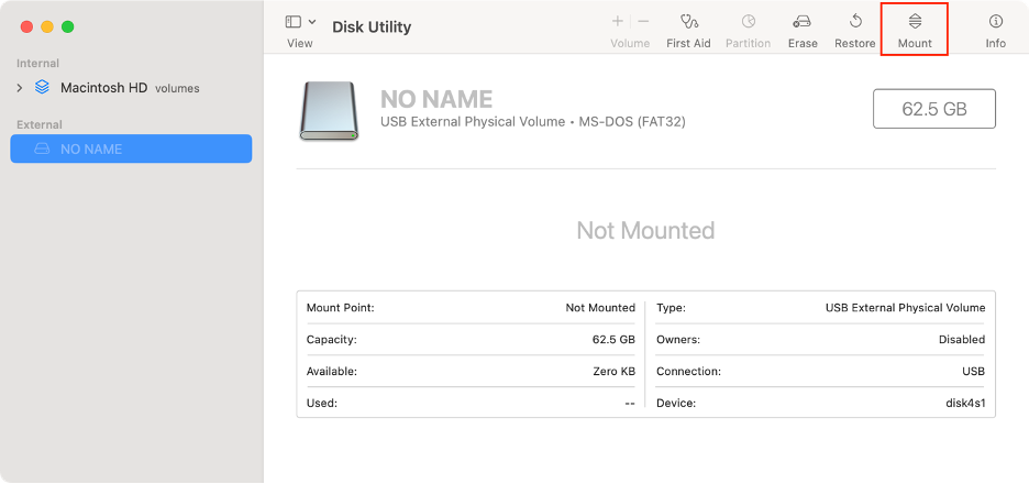 To solve any issues on a disk that flags the -69877 error on your Mac, click Mount at the top menu in Disk Utility.