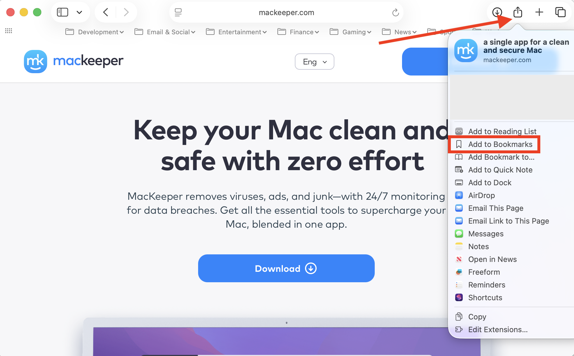 The Add to Bookmarks option in Safari's Share menu on Mac. This is how to favorite a website on Mac if you prefer to use the Safari browser that ships as the default in macOS.