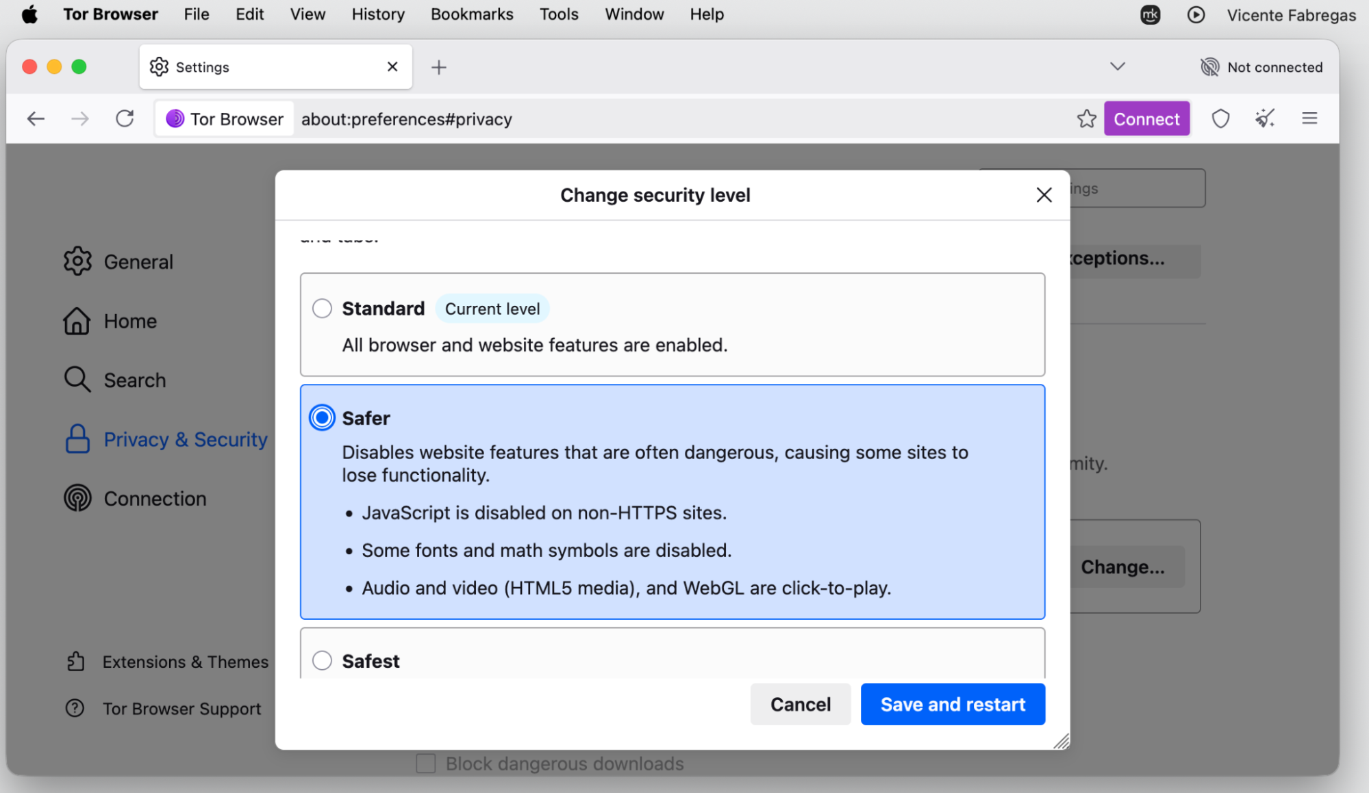 Tor Browser's Change security level dialog on macOS, with the Safer option selected before clicking Save and restart for stronger privacy.