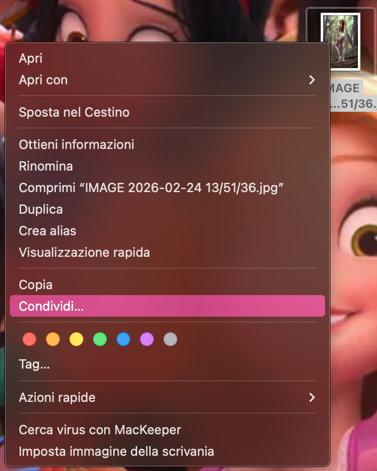 Ora puoi cercare i file in Finder finché non trovi quello che vuoi condividere tramite AirDrop. Una volta individuato, fai clic destro e scegli Condividi.