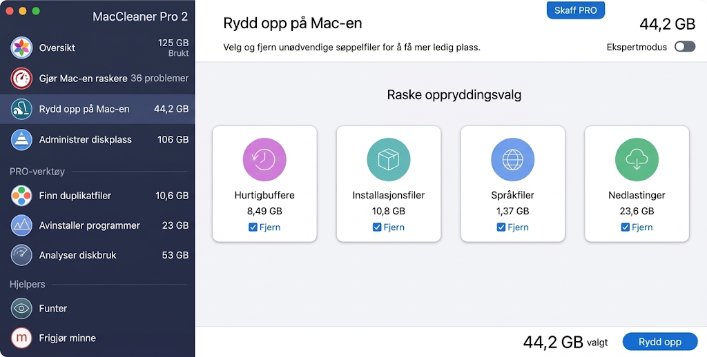 Rengjøringsfunnene generert av MacCleaner Pro etter at skanningen er fullført, med de viktigste forslagene til hva brukeren bør slette.