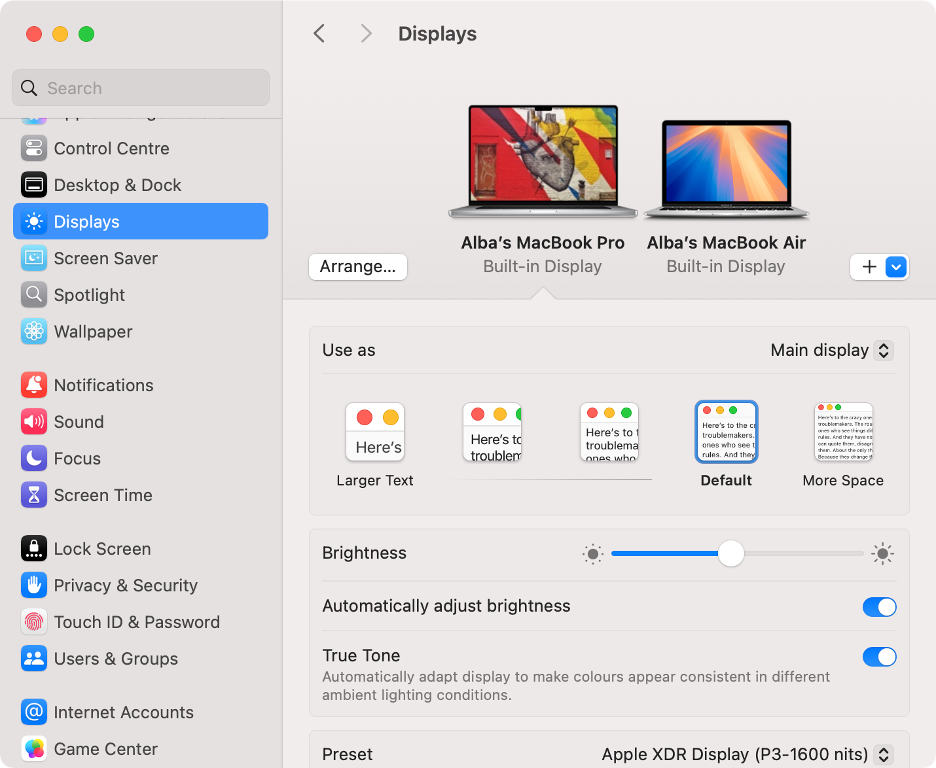 To use an external monitor with your Mac, select Displays and click the Arrange button.