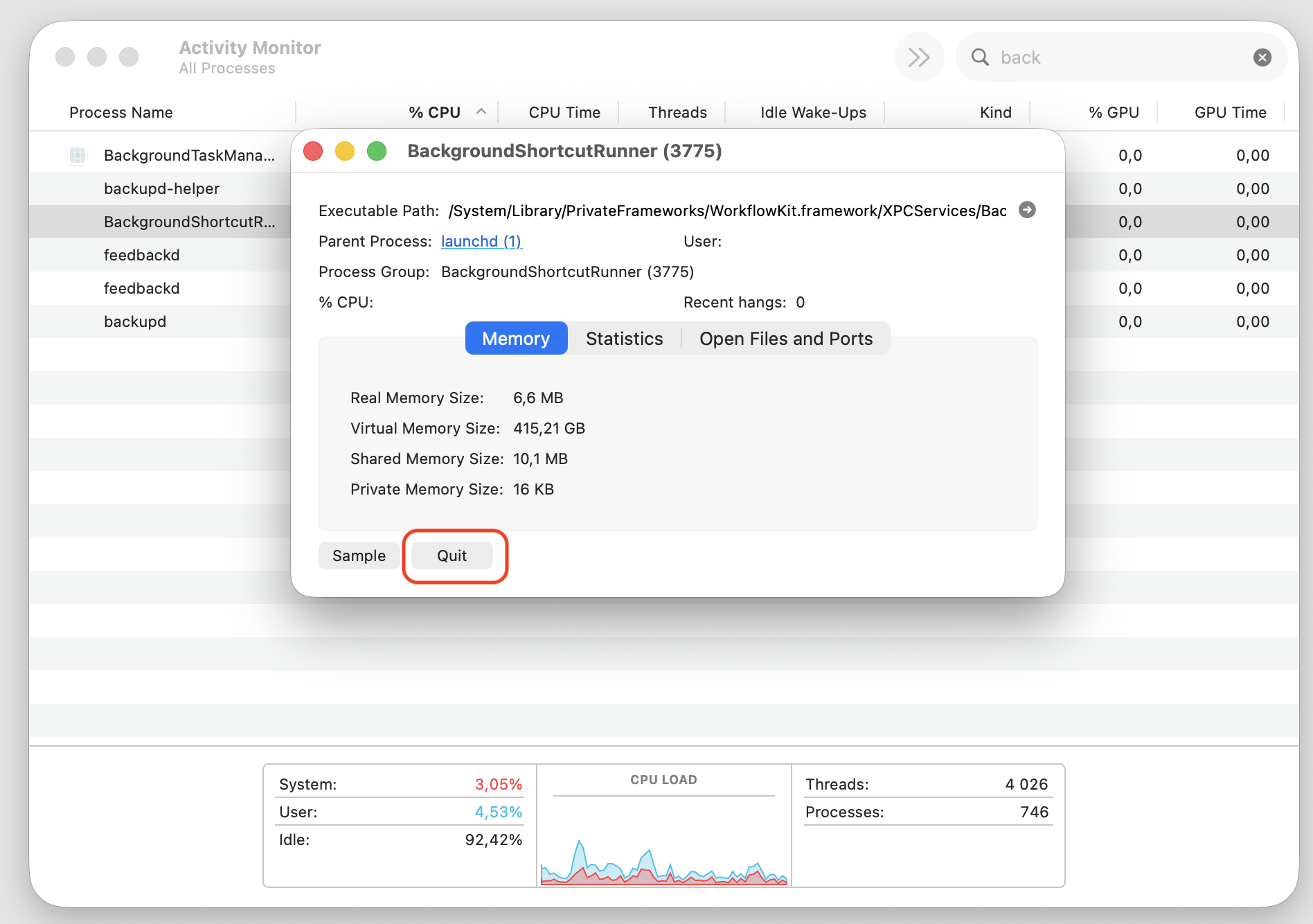 Clicking the Quit button in the backgroundshortcutrunner detail popup within Activity Monitor to stop high CPU usage on a Mac.