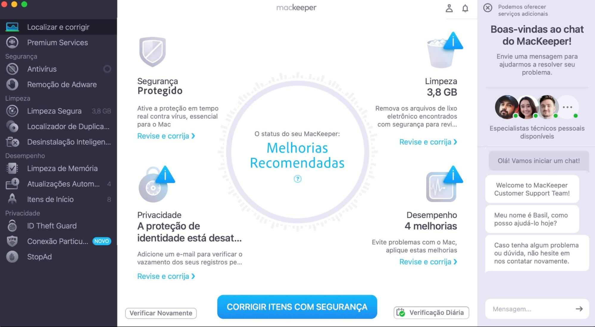 Após o escaneamento, o aplicativo exibirá uma lista dos problemas encontrados no Mac. Clique em Corrigir Itens com Segurança para corrigi-los rapidamente ou faça isso um por um clicando em Revise e Corrija.