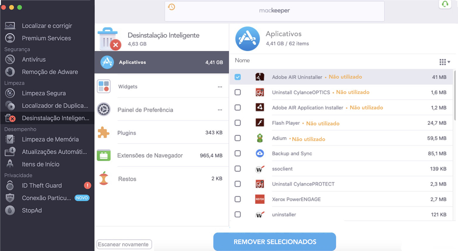 Depois de concluir uma verificação no MacKeeper, você poderá ver todos os aplicativos instalados no seu Mac. Selecione o que deseja remover e, em seguida, clique em Remover Selecionados.