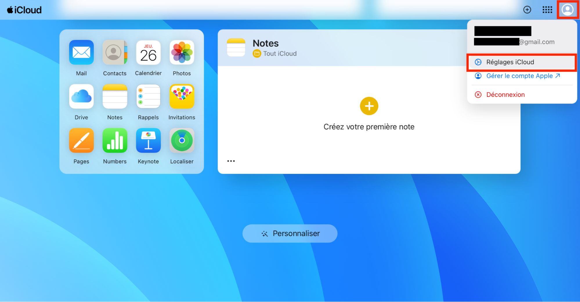 Vous pouvez aussi rétablir les icônes de bureau manquantes sur votre Mac en utilisant iCloud Drive. Connectez-vous à icloud.com avec l’identifiant Apple associé à votre Mac. Cliquez sur votre image de profil dans le coin supérieur droit de votre écran et sélectionnez Réglages iCloud.