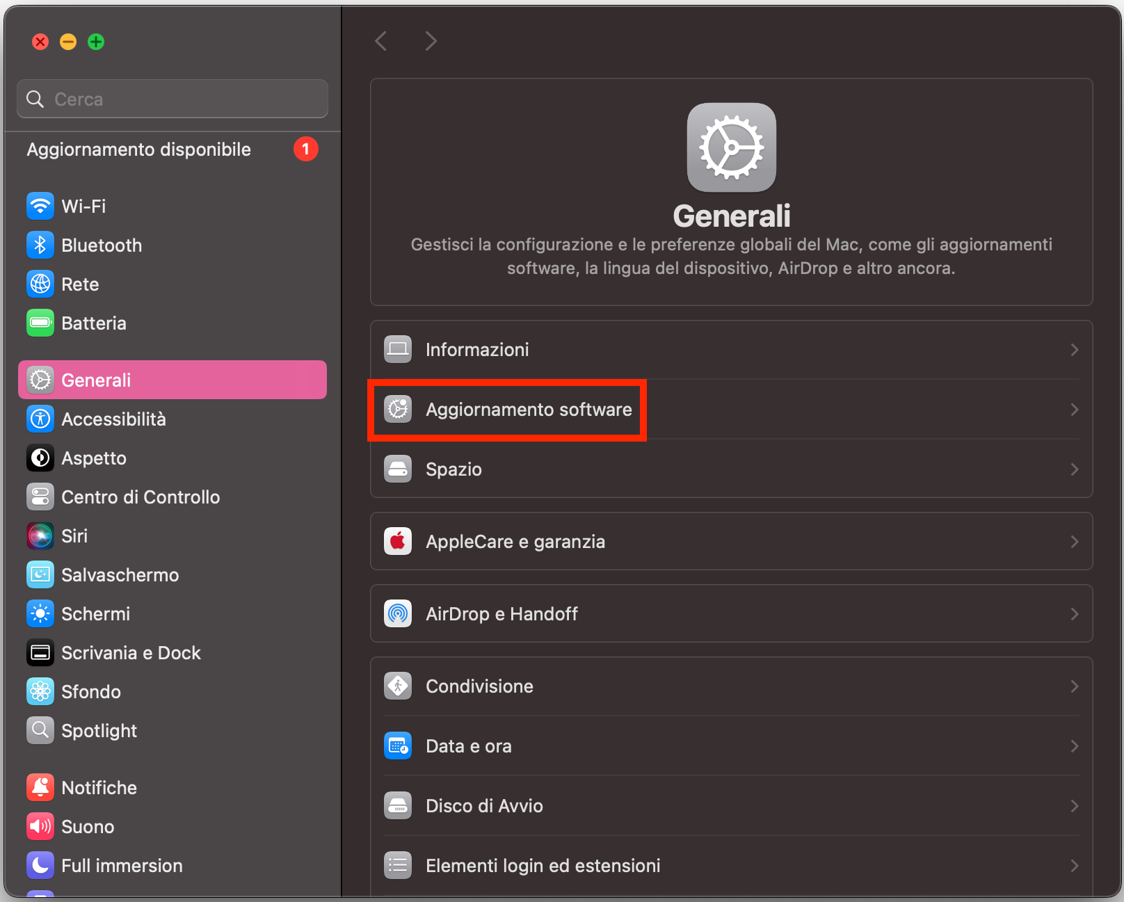 Interfaccia Impostazioni di Sistema aperta nella sezione Aggiornamento Software, utile per gestire gli aggiornamenti automatici di sicurezza su Mac
