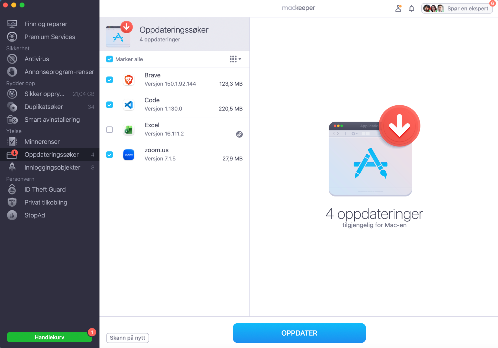 Velg appene du vil oppgradere fra listen og klikk på oppdateringsknappen.