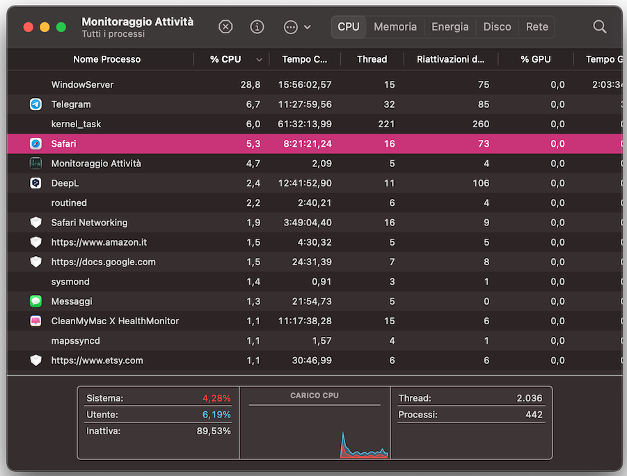 La finestra di Monitoraggio Attività mostra l’elenco di tutti i processi in esecuzione sul tuo dispositivo Apple, con la colonna CPU che indica il loro consumo energetico in percentuale.