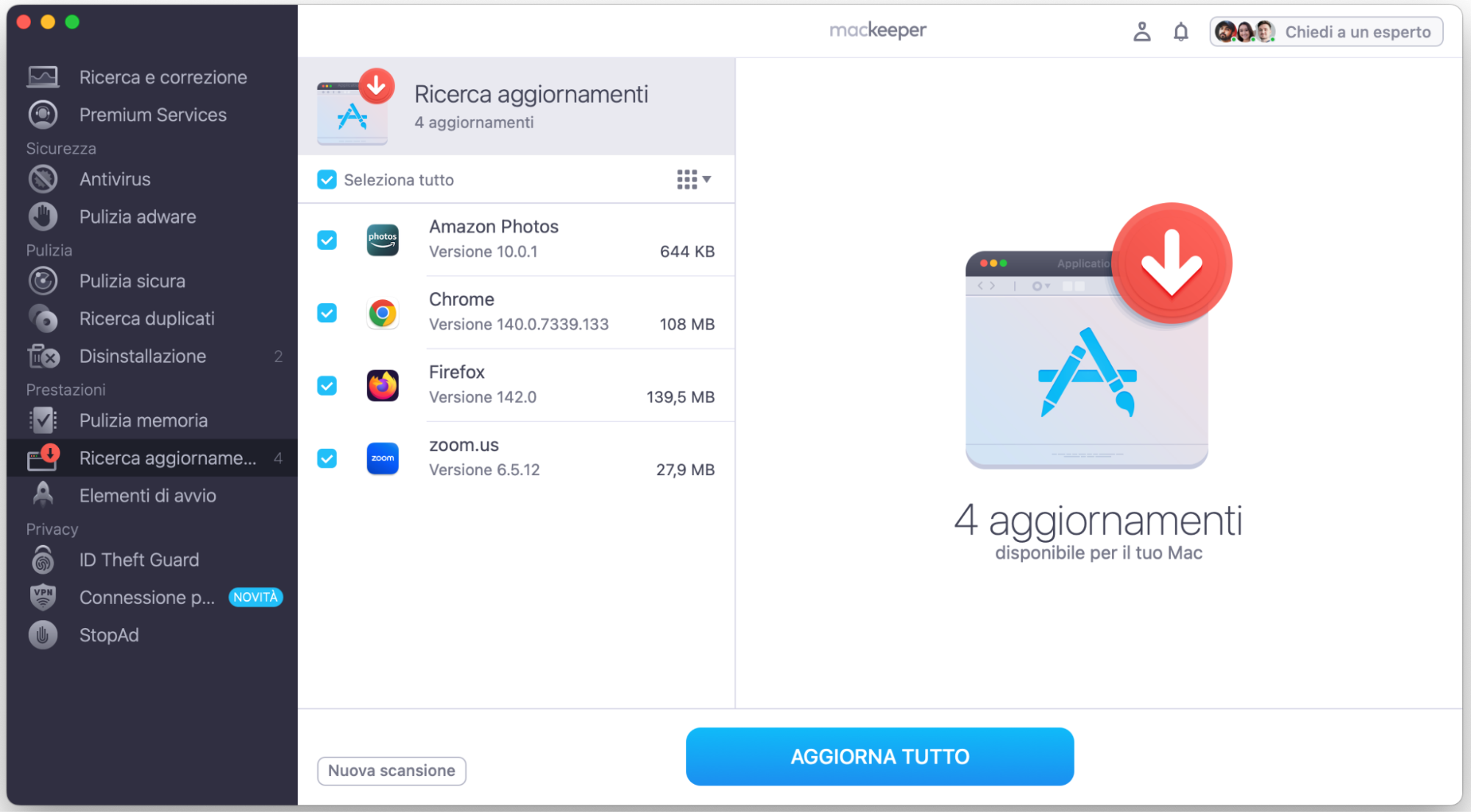 Tieni aggiornate le app sul tuo Mac con la funzione integrata di MacKeeper chiamata Ricerca Aggiornamenti.