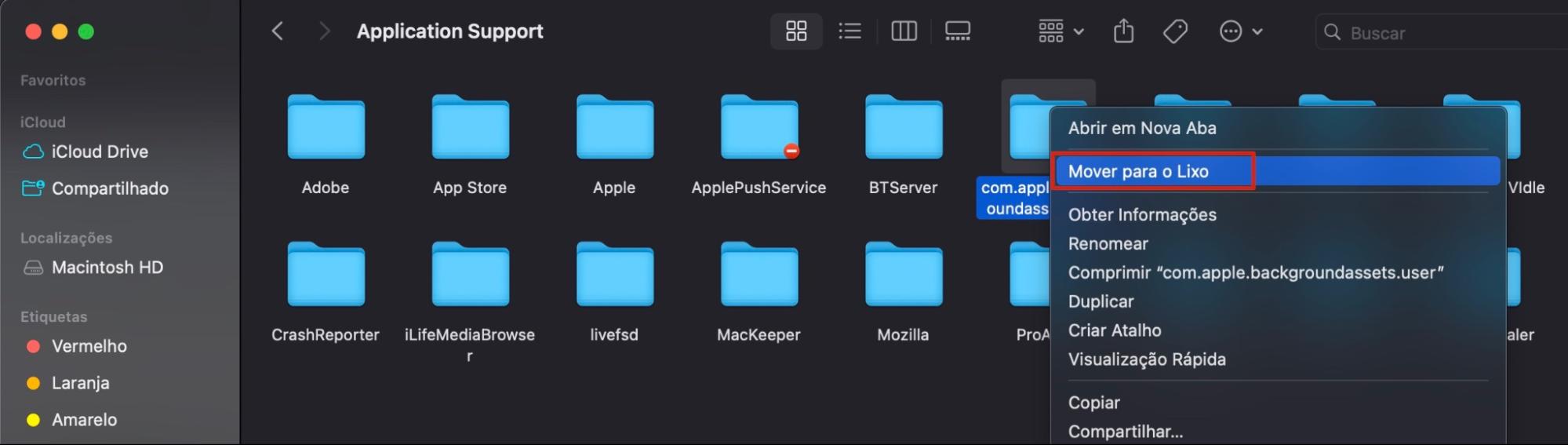 A opção Mover para o Lixo que aparece ao clicar com o botão direito em um arquivo no Finder. Use-a para remover restos de softwares que permanecem após desinstalar aplicativos indesejados.