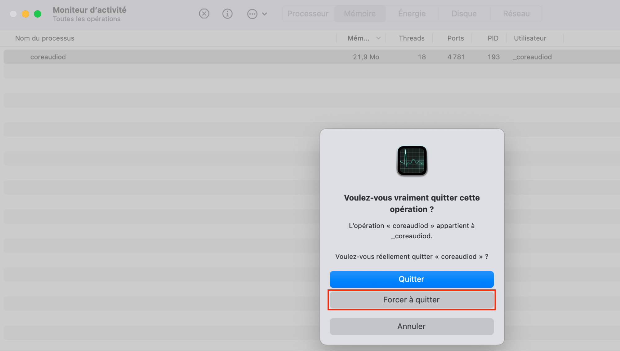 Moniteur d’activité. L’option Forcer à quitter affichée sous coreaudiodid permet de réinitialiser Core Audio sur votre Mac. Moniteur d’activité. L’option Forcer à quitter affichée sous coreaudiodid permet de réinitialiser Core Audio sur votre Mac.