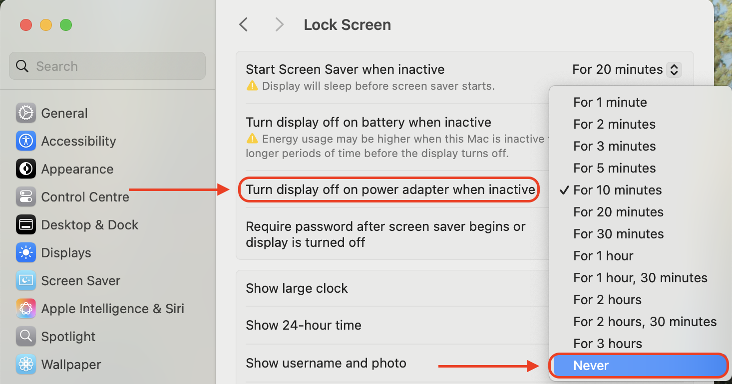 In Lock Screen settings, change Turn display off on power adapter when inactive to Never to avoid unexpected sleep triggers while plugged in.