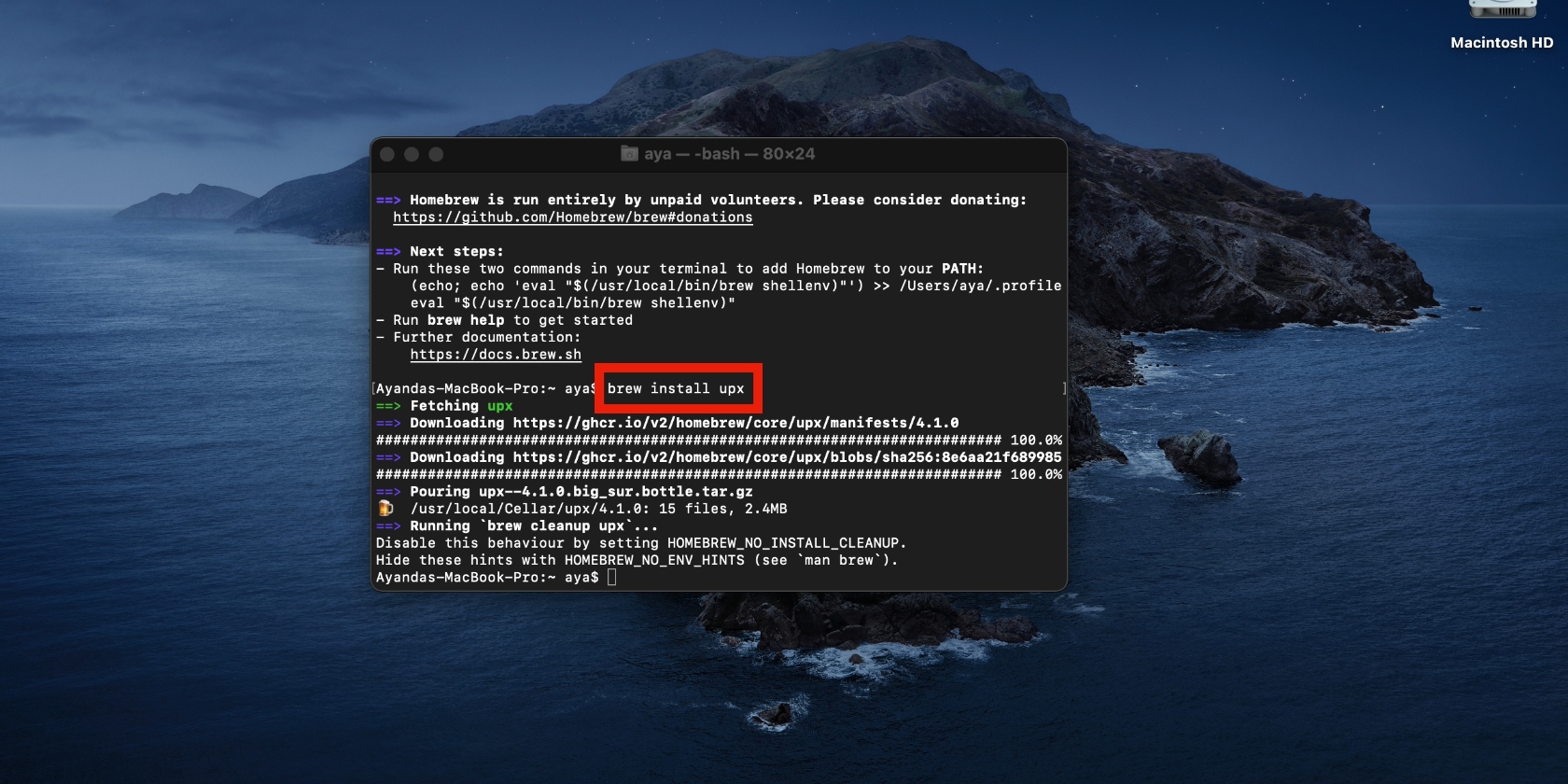 Introduce el comando brew install upx en Terminal para instalar UPX en un Mac. Esto te ayudará a descomprimir los binarios comprimidos a través de UPX.