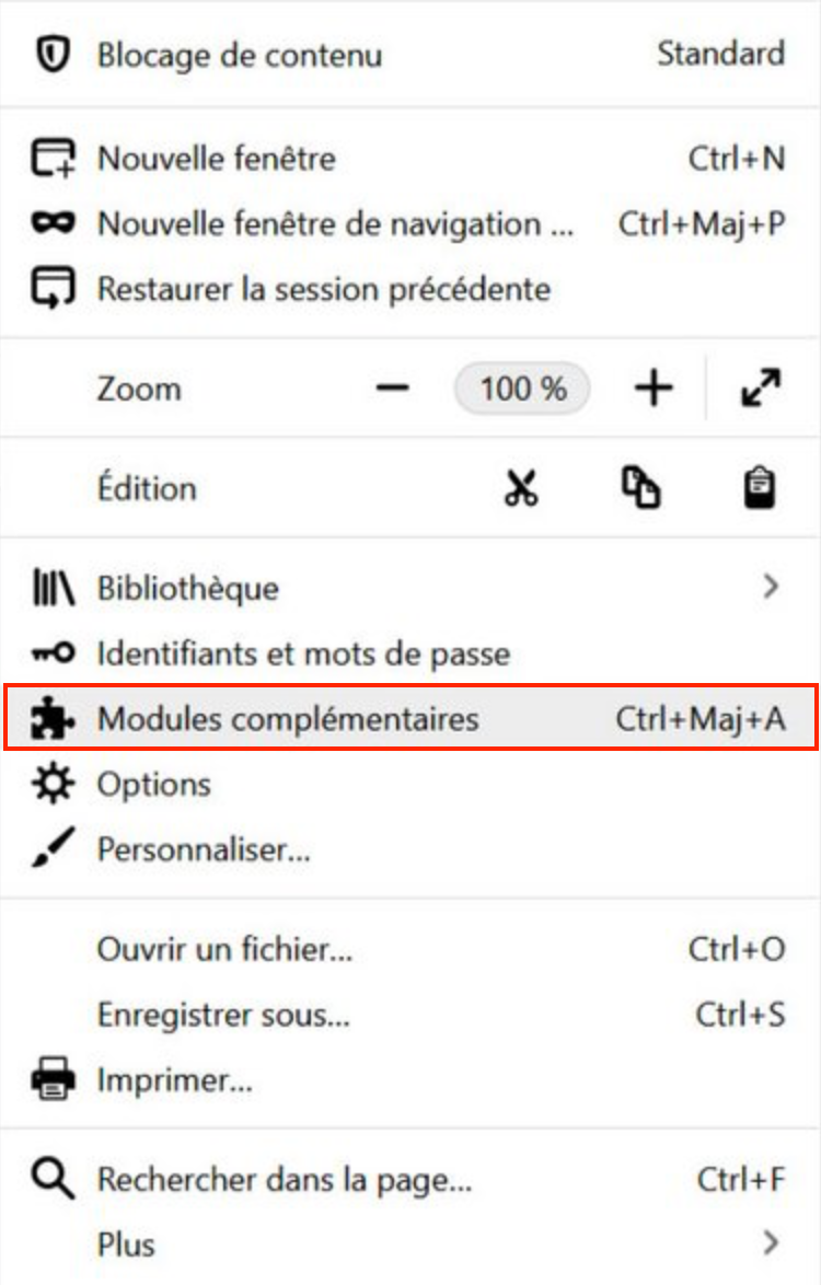 Pour faire fonctionner Adobe Flash Player dans Mozilla Firefox, ouvrez tout d’abord le navigateur Firefox sur votre Mac et cliquez sur les trois points. Dans la liste qui s’affiche, sélectionnez Modules complémentaires.