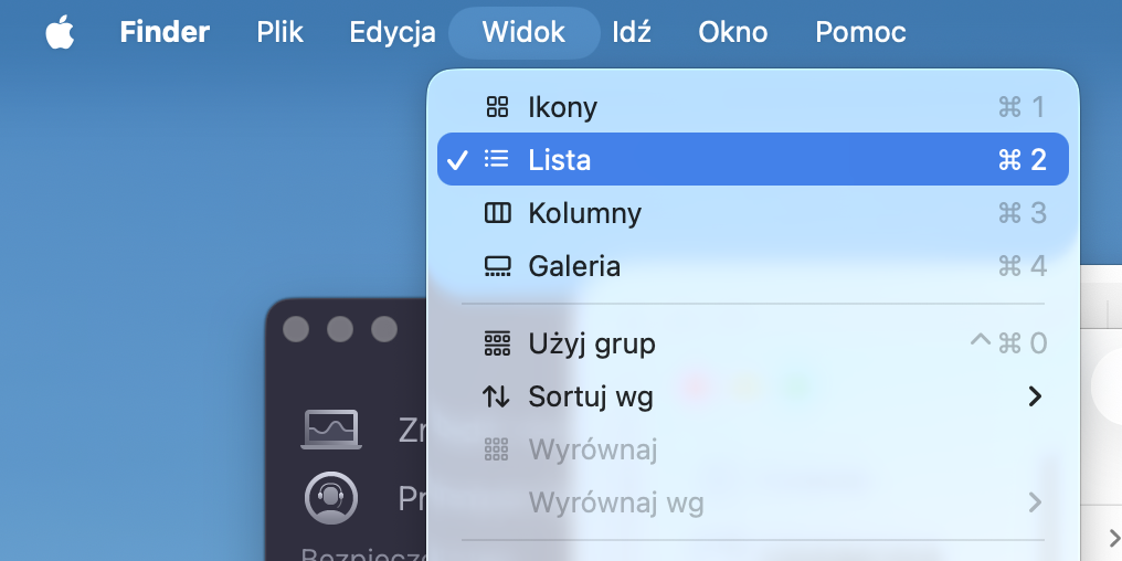 Menu Widok w Finderze na Macu. Aby posortować pliki według rozmiaru i zwolnić miejsce na dysku Maca, najpierw wybierz Lista.