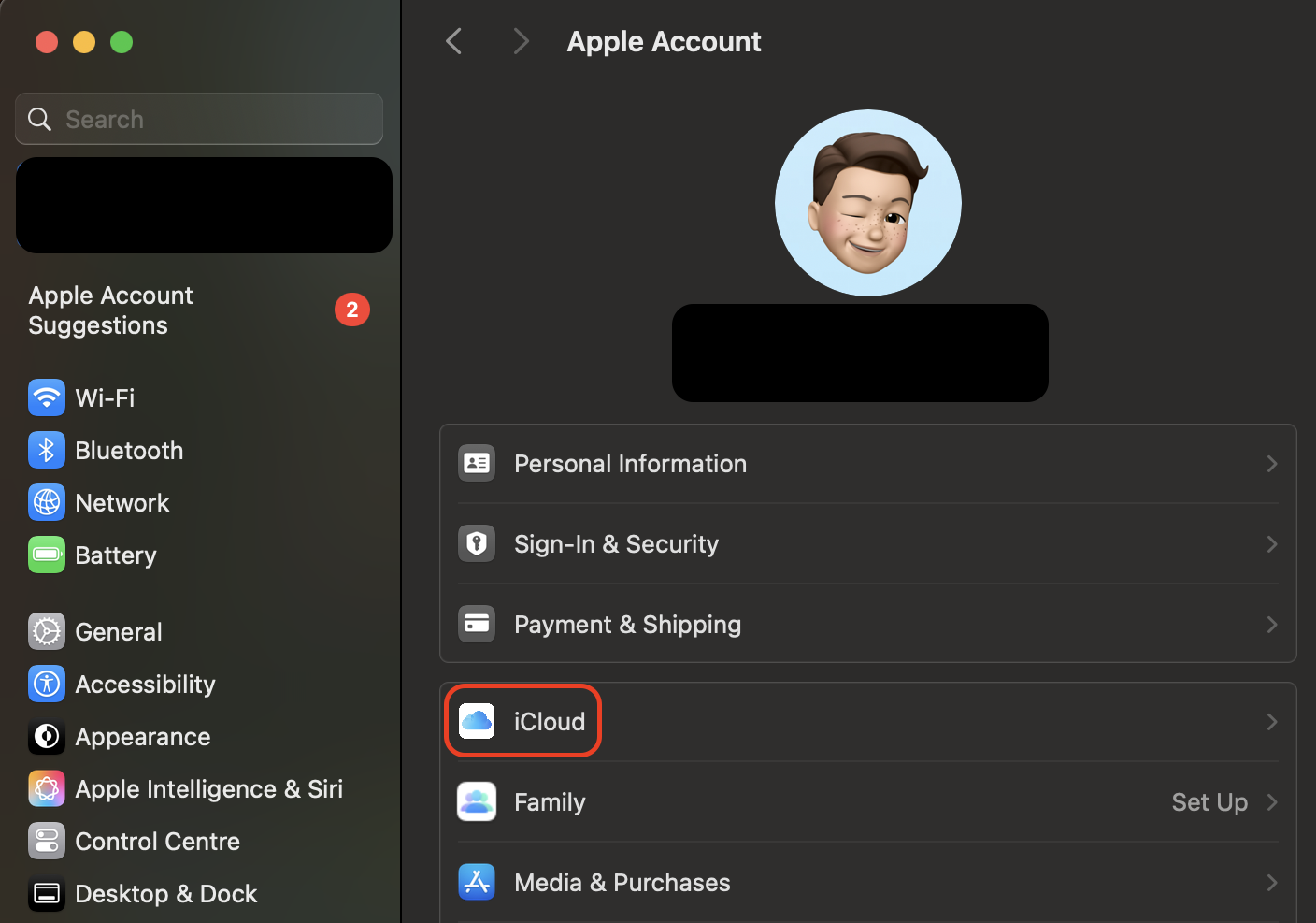 Open System Settings, click your Apple Account at the top, and select iCloud to manage synced data and adjust your cloud storage settings.