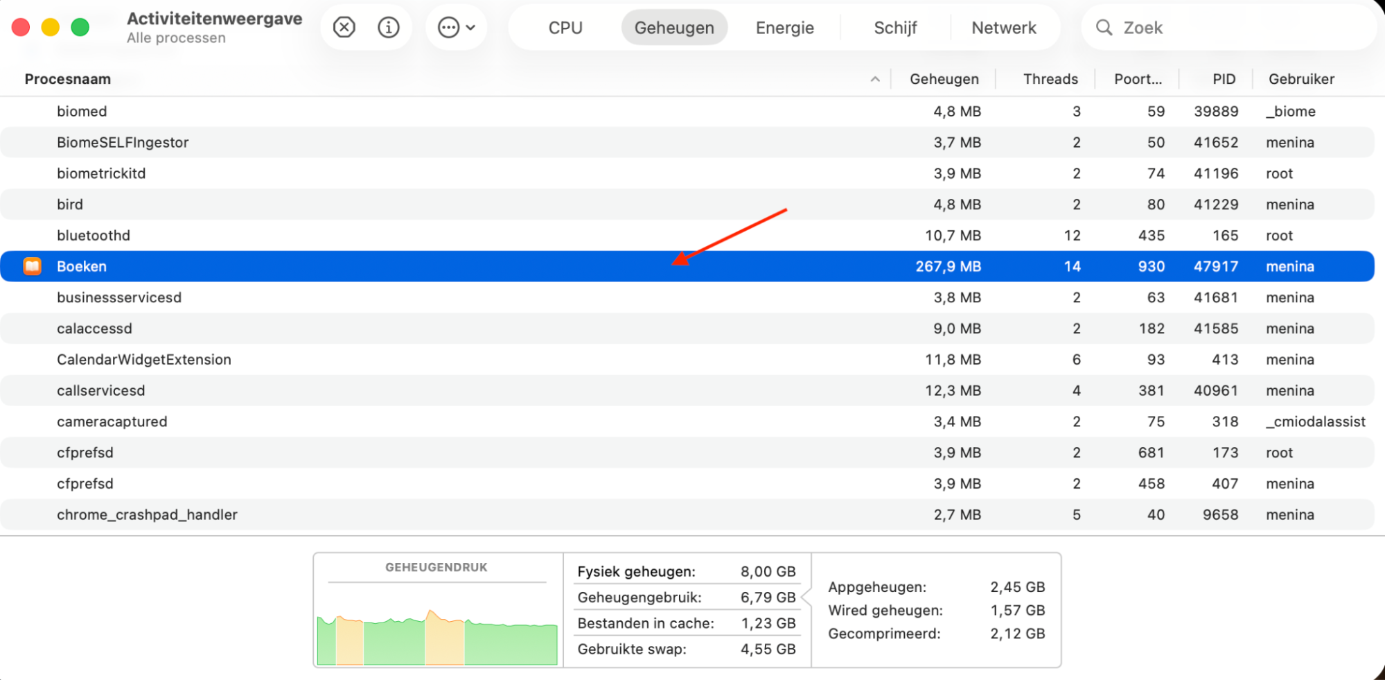 Activiteitenweergave op je Mac toont een lijst met alle actieve processen. Om een proces te beëindigen, dubbelklik je eerst op de naam van het proces in de lijst.