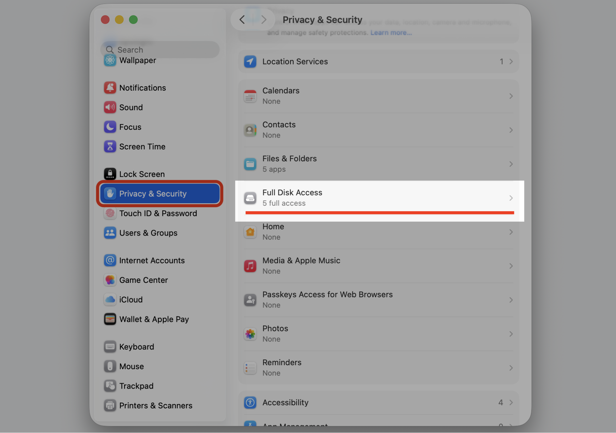macOS System Settings window with Privacy & Security selected and Full Disk Access highlighted to grant Terminal disk access on a Mac.