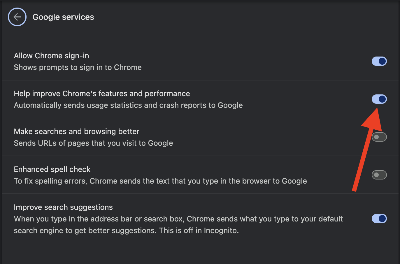 Chrome Google services page on macOS with the Help improve Chrome features and performance toggle highlighted to disable crash reports.