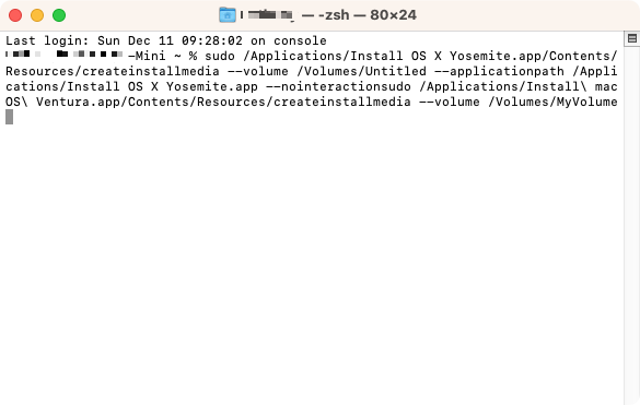 Um ein bootfähiges USB-Installationsprogramm für Ventura zu erstellen, geben Sie folgenden Befehl in das Terminal Ihres Mac ein: sudo /Applications/Install\ macOS\ Ventura.app/Contents/Resources/createinstallmedia --volume /Volumes/MyVolume.