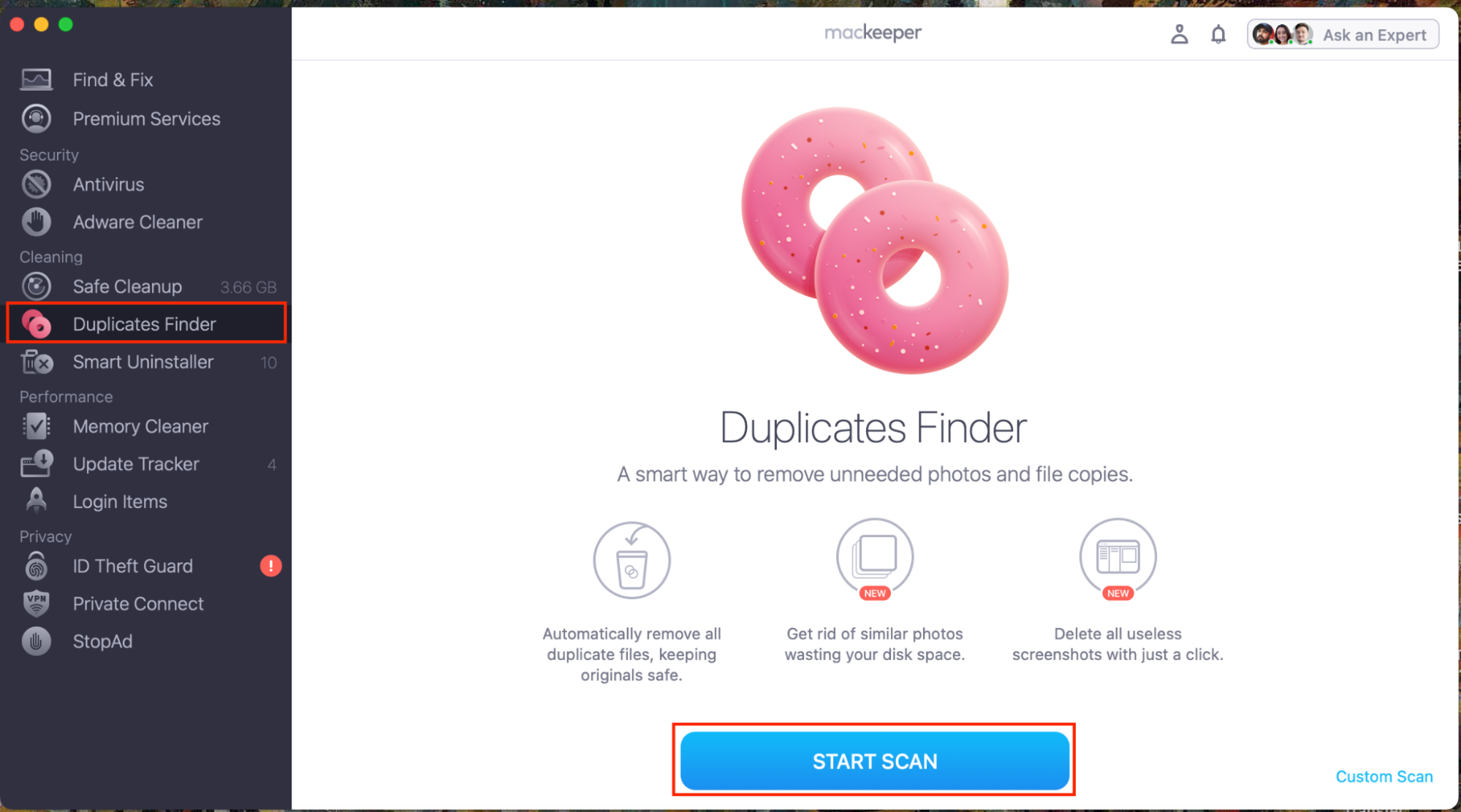 To delete duplicate photos on Mac, open the MacKeeper app and select Duplicates Finder from the side menu. Then, hit Start Scan to find all duplicate files on your Mac.