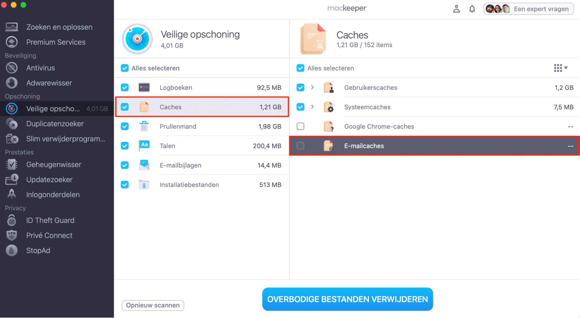 Veilige Opschoning van MacKeeper na een scan. ‘Mail caches’ en de knop ‘Ongewenste bestanden opruimen’ zijn gemarkeerd. Dit maakt deel uit van een handleiding over hoe je de Mail cache verwijdert.