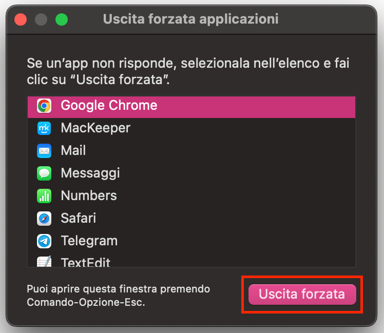 Se hai problemi con un'applicazione che non risponde su Mac, premi Command+Option+Escape per aprire la finestra Uscita Forzata e chiudere le app da lì.
