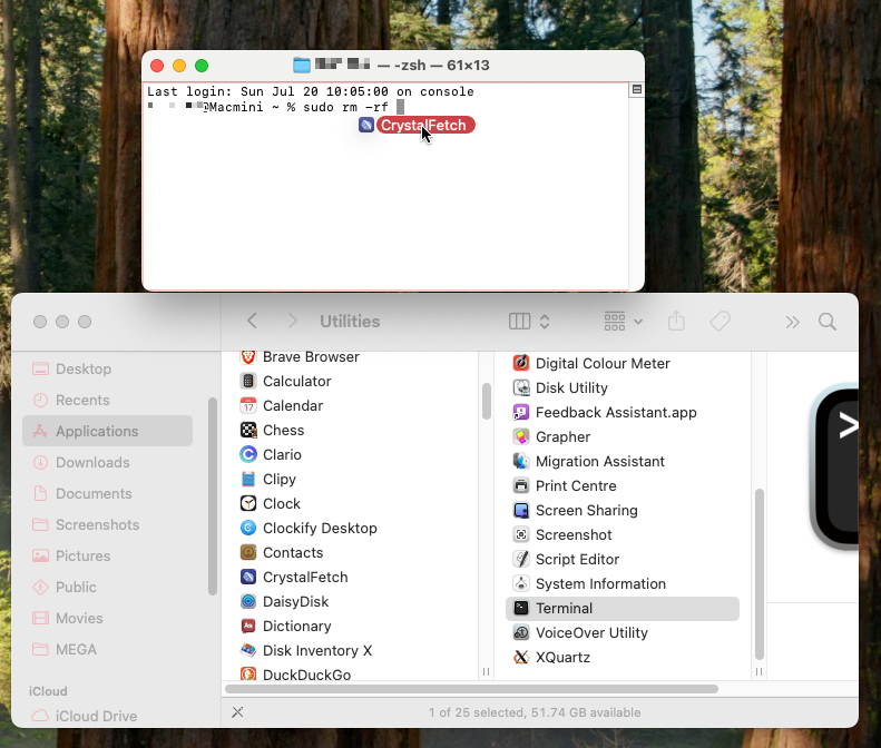 Head to your Applications folder and find the program you want to delete. Drag it into the Terminal window and the file path should appear.