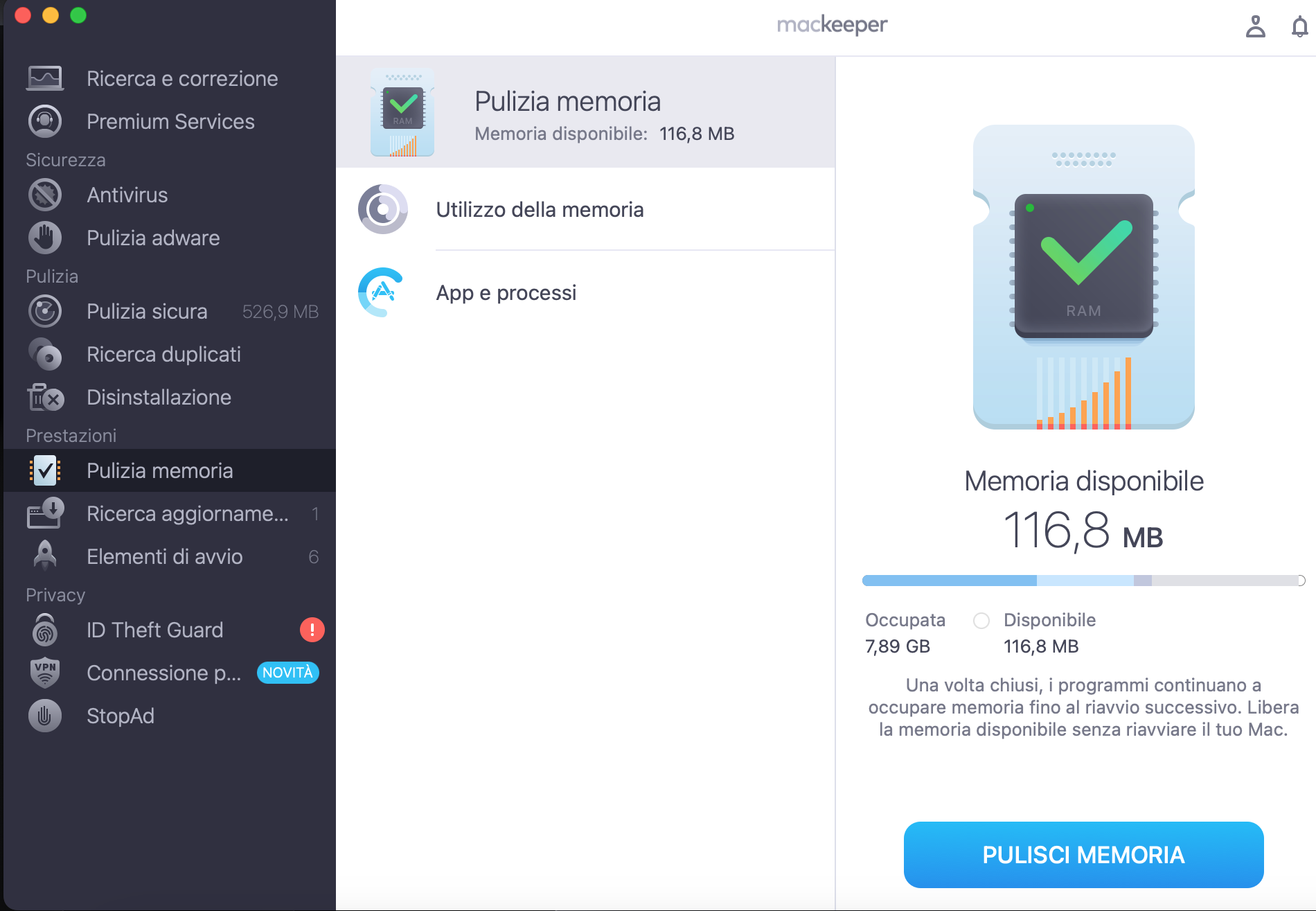 Controlla l'utilizzo della memoria del tuo Mac. Fai clic su Pulisci memoria per rimuovere gli elementi non necessari dal tuo Mac.